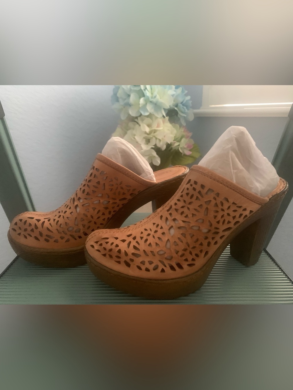 Laser cut leather Born clogs